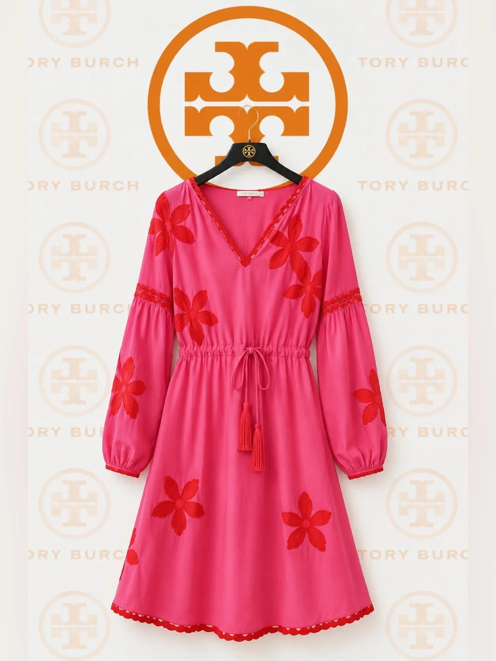 Tory Burch Pink Dress with Red/orange Floral Embroidery size 4